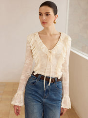 Semi-Sheer Lace Ruffle Trim V-Neck Blouse
