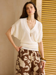 V-Neck Waist-Cinching Knit Top