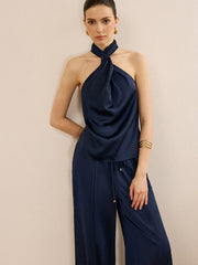Satin Halter Neck Top and Wide-Leg Pants Set
