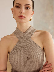 Cross-Strap Halter Neck Knit Top
