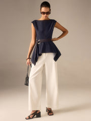 Denim Peplum Belted Top with Asymmetric Hem