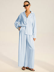 Oversized Pocket Satin Shirt and Pleated Pants Set