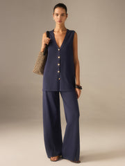 Golden Button Knit Vest Pants Set