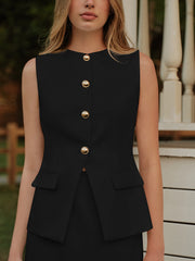 Elegant Metal Button Split Vest and Skirt Set
