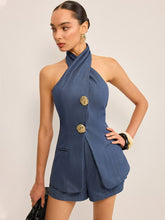 Metal Button Halter Neck Top with Shorts Set