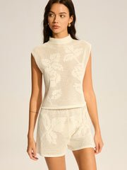 Mock Neck Sleeveless Top and Shorts Set with Floral Cut-Out Details