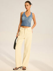 Denim Halter-Neck Wrap Top with Back Bow Detail