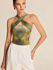 Semi-Sheer Mesh Cross Halter Top