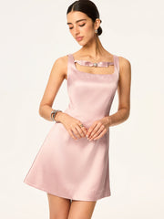Satin Mini Dress with Bow and Rhinestone Detail