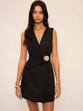 Sleeveless Wrap Mini Dress with Metal Buckle Belt