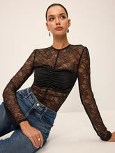 Semi-Sheer Lace Ruched Long Sleeve Top
