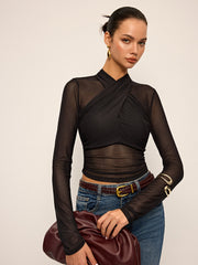 Semi-Sheer Mesh Cross-Front T-Shirt