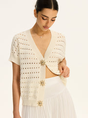 Eyelet Knit Metal Button V-Neck Cardigan