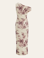 Semi-Sheer One-Shoulder Ruched Floral Print Midi Dress