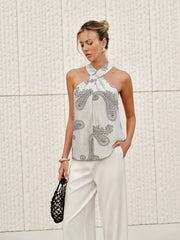 Boho Print Halter Backless Top