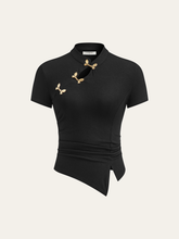 Metal Butterfly Detail Asymmetric Ruched Top