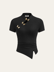 Metal Butterfly Detail Asymmetric Ruched Top