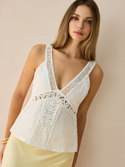 Semi-Sheer Linen & Cotton Lace V-Neck Top