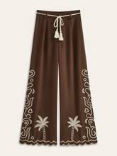 Palm Tree Embroidery Pants with Tassel Tie