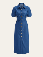 Ruched Polo-Collar Button-Front Midi Dress