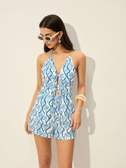 Floral Print Tie-Front Halter Shorts Set