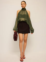 Sheer Halter Neck Cut-Out Sleeve Top with Bow Back