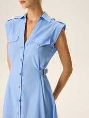 Linen & Cotton V-Neck Midi Dress with Metal Button