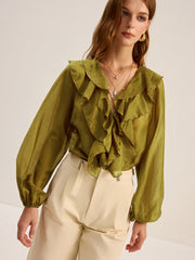 Semi-Sheer Tencel Ruffle Blouse