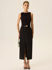 Beltled Pocket Slit Midi Skirt