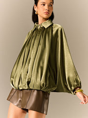 Satin Pleated Lantern-Sleeve Shirt Jacket