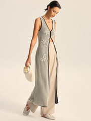 Floral Contrast Trim Knit Maxi Vest