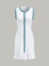 Denim Trim Button-Front Ruffle Hem Midi Dress