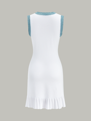 Denim Trim Button-Front Ruffle Hem Midi Dress