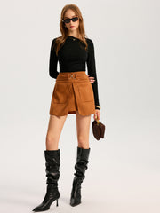 Metal Buckle Slit Suede Mini Skirt