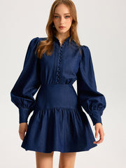 Denim Stand Collar Puff Sleeve Mini Dress