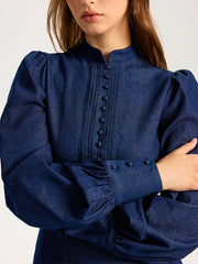 Denim Stand Collar Puff Sleeve Mini Dress