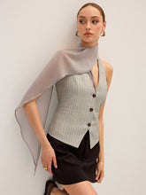 Pinstripe Halter Neck Vest with Chiffon Ribbon Panel