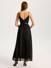 Semi-Sheer Lace Panel Slit Maxi Dress with Belt