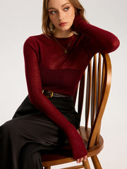 Semi-Sheer Wool-Blend Long Sleeve Knit Top