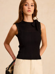 Bow Ribbed Knit Sleeveless Top