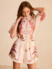Floral Print Ruffled Mock Neck Blouse
