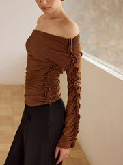 Off-Shoulder Ruched Top with Ruffled Sleeves