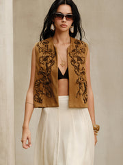 Floral Applique Suede Vest