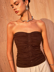 Ruched Button-Front Strapless Top