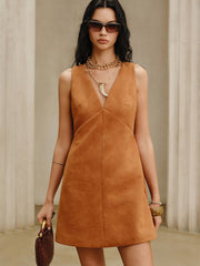 Suede V-Neck Sleeveless Mini Dress