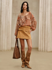 Boho Print Semi-Sheer Chiffon Tie-Front Blouse