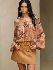 Boho Print Semi-Sheer Chiffon Tie-Front Blouse