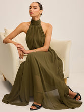 Semi-Sheer Halter Neck Chiffon Maxi Dress with Back Bow