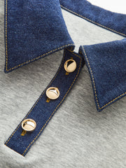 Denim Collar Metal Button Polo Sweatshirt