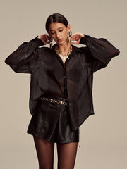 Sheer Chiffon Textured Metal Button Shirt